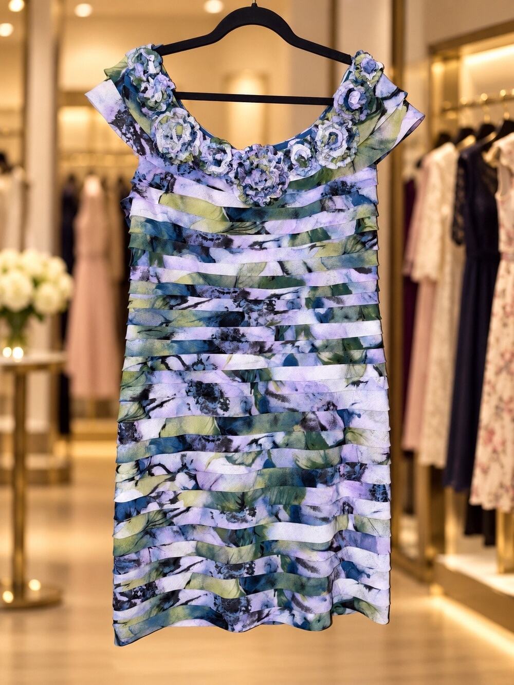 Adrianna Papell Blue Purple Green Tiered Floral Ruffle Dress 16 Wedding Guest
